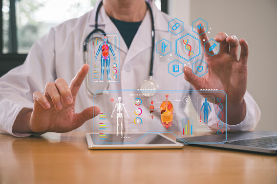 Medical health and wellness concept, Male doctor wearing white cloth using stethoscope tablet and computer analysing patient diagnosis data in medicine and healthcare concept