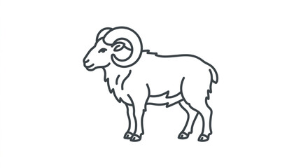 Illustrated ram with large curved horns standing. © Darsa