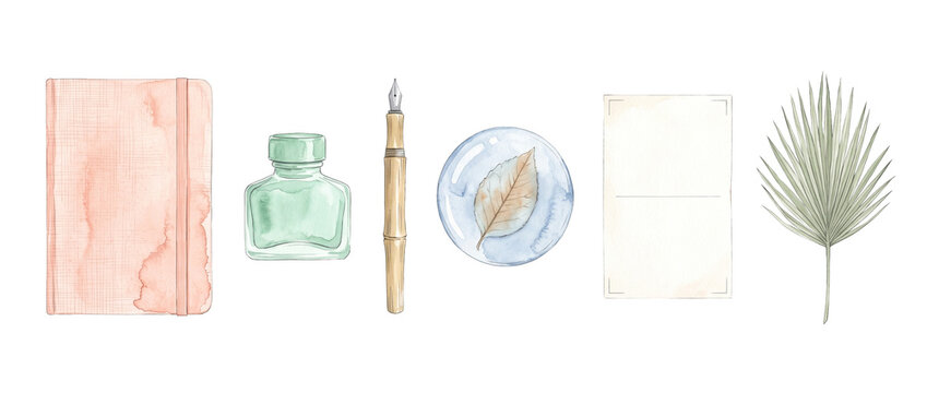 Fountain pen ink bottle journal watercolor stationery set for writing calligraphy art on black background top view flat lay notebook blank card leaf paperweight vintage aesthetic design template