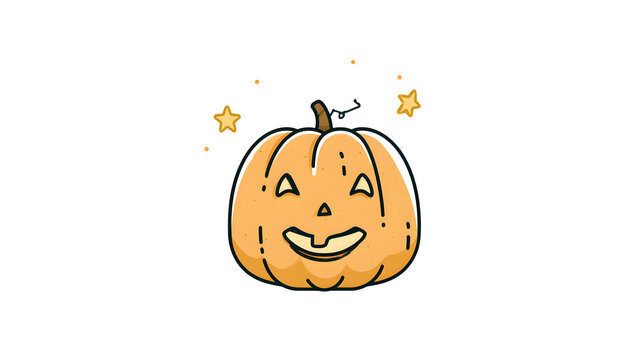carved pumpkin lantern with small fireflies floating nearby, halloween decoration, hand drawn flat illustration, playful line art, soft colors, isolated on white background