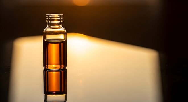 Glass vial with amber liquid illuminated by golden light