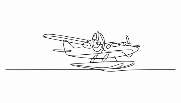 One continuous line illustration of an seaplane , isolated on white background.