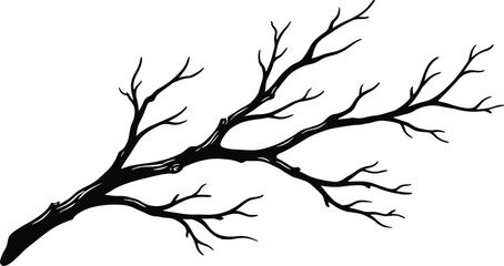 Fototapeta premium Dry Bare Tree Branch Black Silhouette Vector Illustration with Gnarled Twigs for Autumn Forest Backgrounds, Winter Decor, and Spooky Halloween Graphic Designs