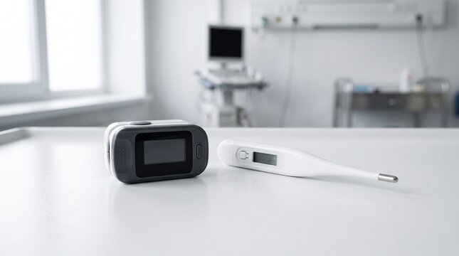 Digital Blood Pressure Monitor and Gauge on Modern Office Desk with Laptop in Professional Healthcare Workplace Interior