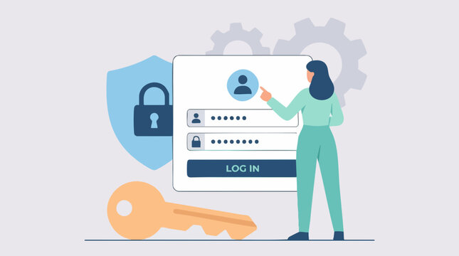 User logging in to online account, digital security and authentication concept