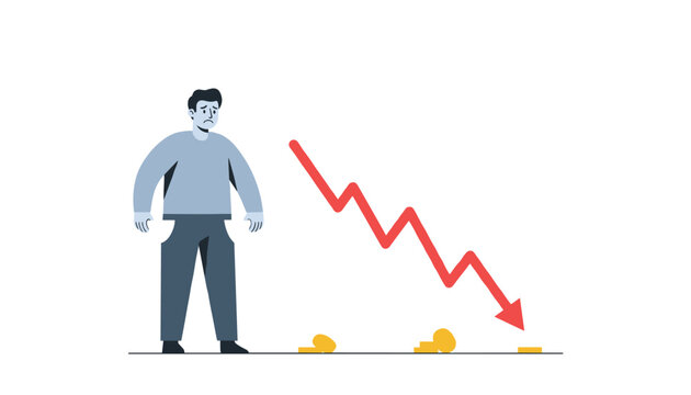 Sad businessman looking at a declining red financial arrow and dropping coins representing market crash, bankruptcy, and loss.