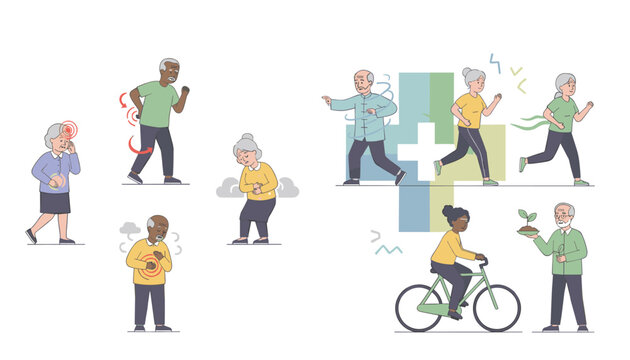 Educational illustration contrasting elderly health issues with seniors practicing healthy active lifestyles.