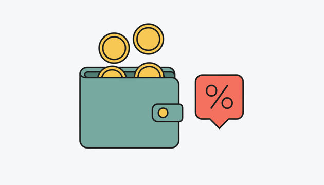 Leather wallet holding shiny golden coins next to a red discount percentage tag showing financial savings.