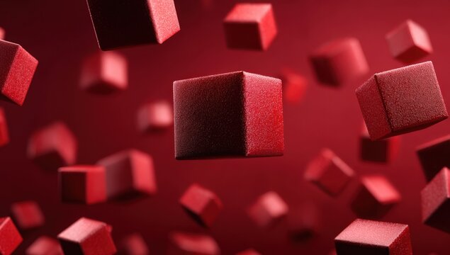Floating red cubes with a textured surface against a blurred red background, creating a dynamic and visually striking abstract composition