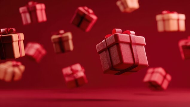 Floating red gift boxes with ribbons against a blurred red background, creating a festive atmosphere suitable for holiday celebrations and gift-giving occasions