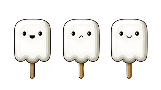 close up of marshmallow ghost pops on wooden sticks, festive candy prop, flat vector illustration, clean bold outlines, minimal shading, isolated on white background
