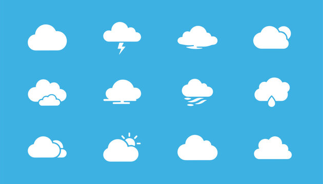 Comprehensive set of twelve white weather icons displaying different cloud conditions on a solid blue background.