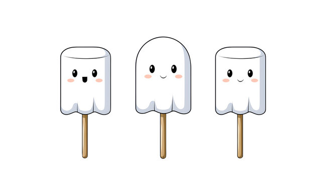 close up of marshmallow ghost pops on wooden sticks, festive candy prop, flat vector illustration, clean bold outlines, minimal shading, isolated on white background