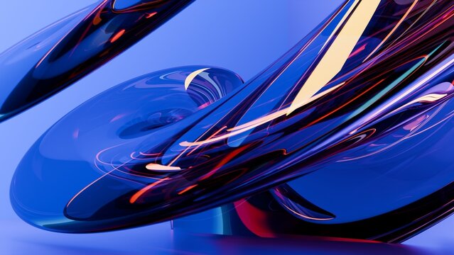 Abstract 3d render blue glass texture background with curved shapes and glowing neon light reflections for modern design