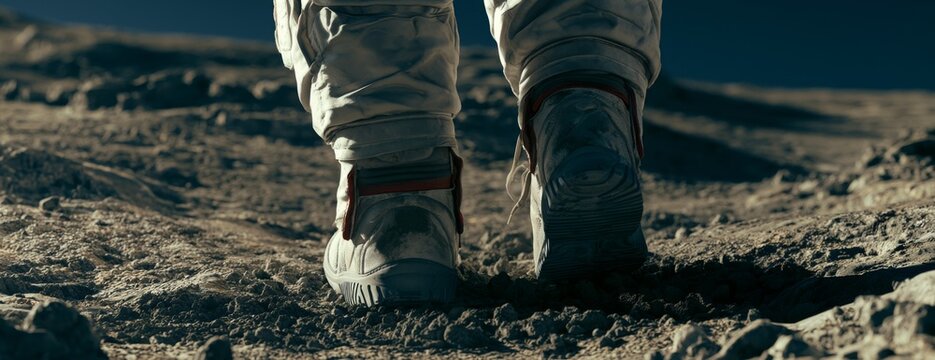 Astronaut walking on moon surface in space environment, close-up photo  
