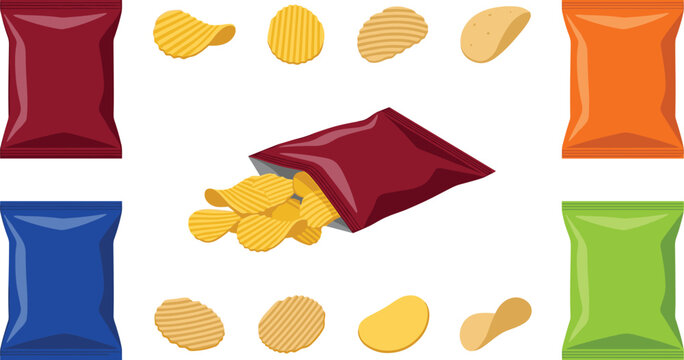 Potato chips snack bag packaging vector illustration set with colorful foil pouches open pouch spilling ripples and crispy thin slices isolated on white background