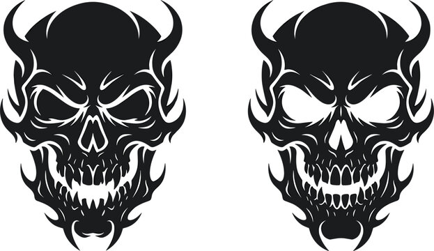 Scary Devil Skull Black Silhouette Vector Set with Tribal Horns and Sharp Flame Motifs for Heavy Metal Mascot Logos or Tattoo Designs
