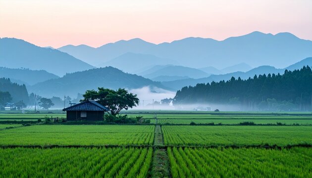 夜明けの霧に包まれた淡い色の田園と遠い山並み