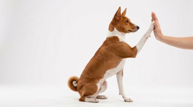 basenji dog giving high five on isolated plain white background
