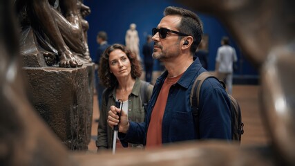Fototapeta premium Man with visual impairment using a white cane explores an art museum, accompanied by a woman, sculptures and blue walls visible in the background