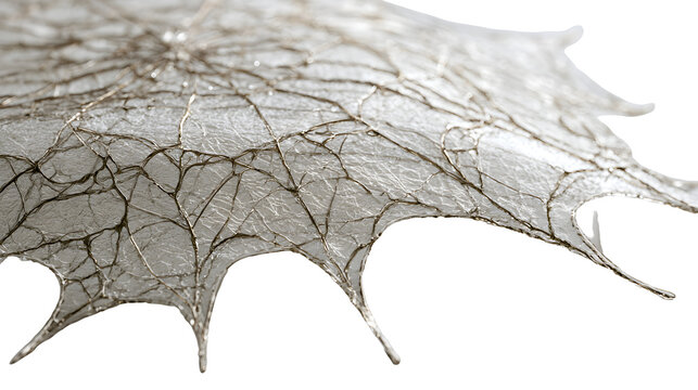 close up texture of torn fabric net designed like a giant spider web, spooky party decor, 3D render with glass and plastic texture, octane render style, isolated on white background