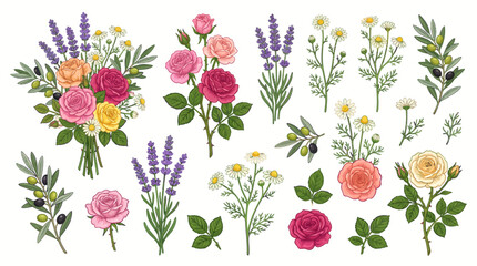 Naklejka premium Colorful floral bouquet with roses, lavender, and daisies. Elegant botanical illustration for design projects.