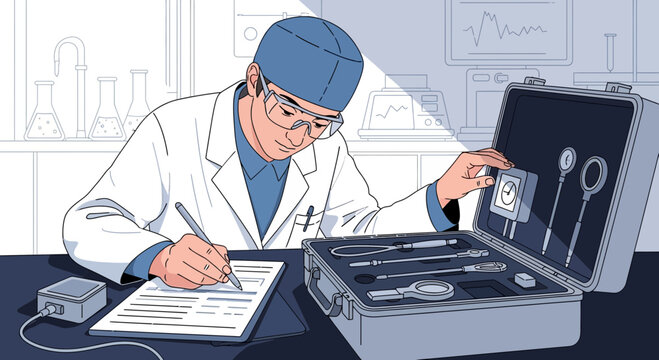 Scientist in lab reviewing medical instruments in case