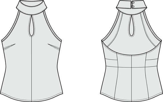 Women high neck halter top fashion flat sketch technical drawing apparel template vector illustration