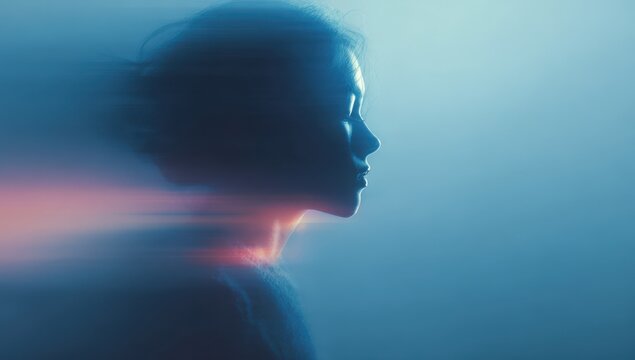 Female silhouette with flowing hair against a soft blue background, light trails creating a sense of motion and ethereal atmosphere in a dreamlike setting