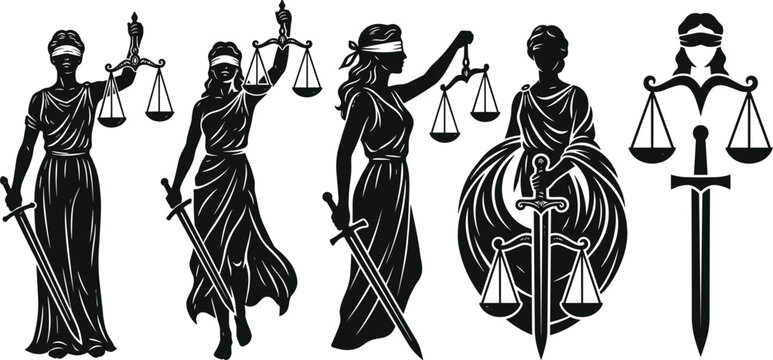 Lady Justice Black Silhouette Vector Icon Set with Scales, Swords, and Blindfolds for Law Firm Branding, Legal Advice, and Courthouse Logos