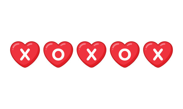 Row of five red hearts with white xoxo letters isolated on a white background for valentines day