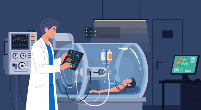 Doctor monitoring patient in hyperbaric chamber, advanced medical technology