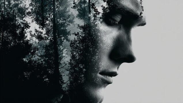 Black and white portrait of a male figure with a double exposure effect featuring trees and foliage, creating a blend of nature and human emotion in a serene composition