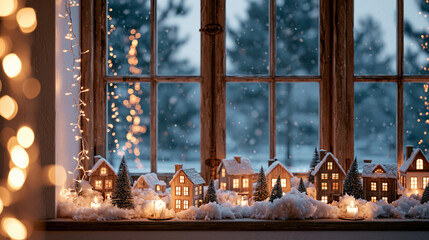 Obraz premium Charming winter scene with cozy houses and sparkling lights in a festive atmosphere Generative AI