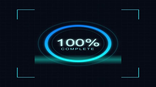 Percentage circle indicates one hundred percent completion on a dark grid screen for high technology systems.