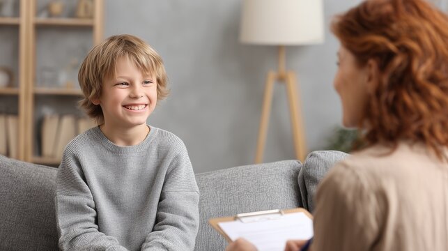 Smiling child during a psychologist session, with therapist, clipboard and cozy office setting, conveying behavioral therapy, trust and emotional support.