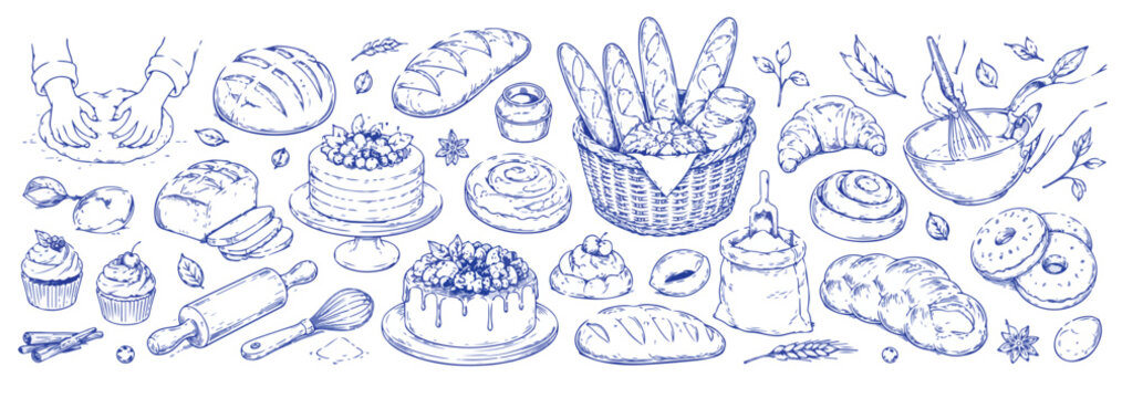 Hand drawn bakery doodle collection, blue ink sketch of bread and pastries, vintage bakery shop icons and baking ingredients vector set