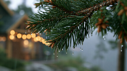 Fototapeta premium Close-up view of wet pine needles glistening in misty rain near cozy cabin retreat Generative AI