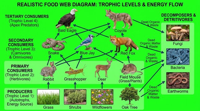 Food web diagram showing trophic levels. Ecological energy flow chart for biology education.