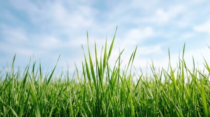 Fototapeta premium fresh green grass blades growing against soft hazy blue sky