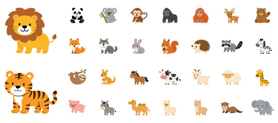 Obraz premium Cute Cartoon Animals Vector Collection, Safari Zoo and Farm Animals Set for Kids, Flat Character Bundle