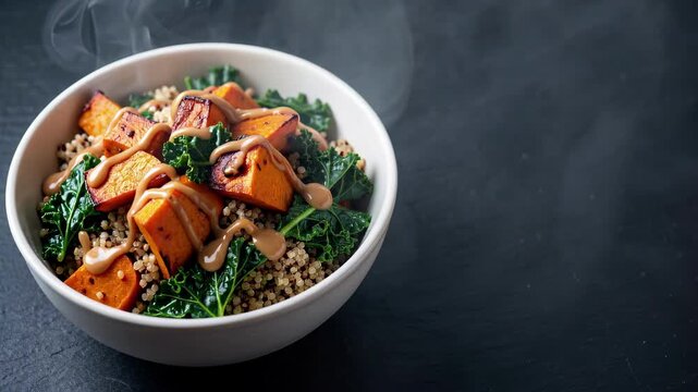 Roasted Salmon Salad Bowl on Dark Background.