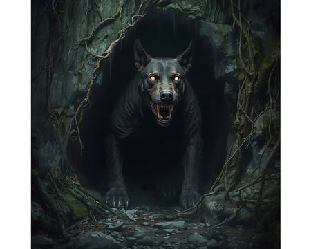 Scary wolf in the forest cave