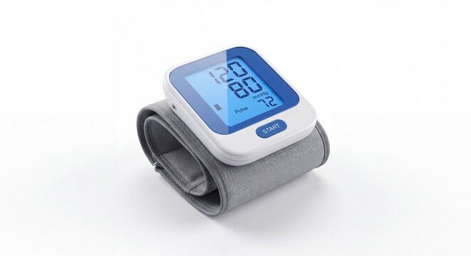 A digital wrist blood pressure monitor displaying a reading of 120 over 80 on a white background.