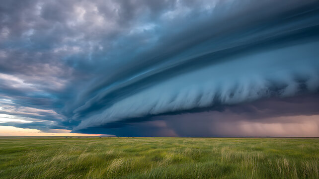 Massive dark storm shelf cloud moving over a green grassy field at sunset