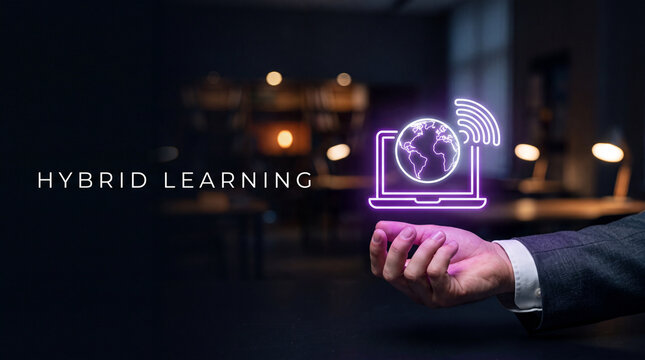 Futuristic hybrid learning concept with digital hologram. Modern education technology scene with a hand interacting with a virtual globe, emphasizi...