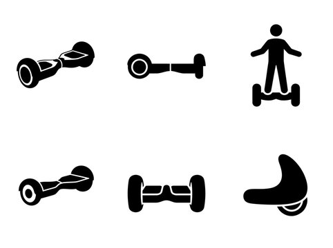 Hoverboard icons set: silhouettes of self-balancing scooters and rider