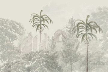 Vintage Tropical Landscape Wallpaper with Palm Trees, Ancient Ruins and Misty Forest Scenic Background © R_STOCK