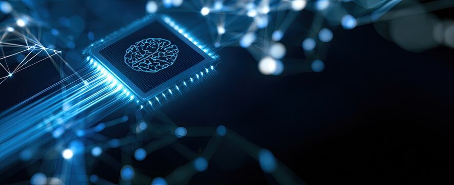 Glowing neural network on a microchip, abstract technology, AI