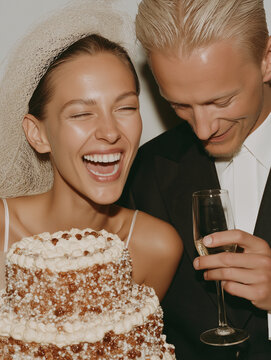 Bride and groom laughing beside a wedding cake and champagne glasses. Ideal for wedding, event, and hospitality advertising.